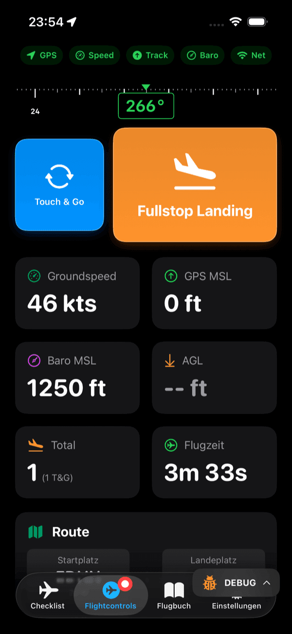 Screenshot der Flugsteuerung Funktion in der Aviyate App
