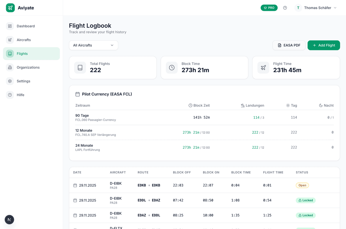 Screenshot der Flugbuch Funktion in der Aviyate App